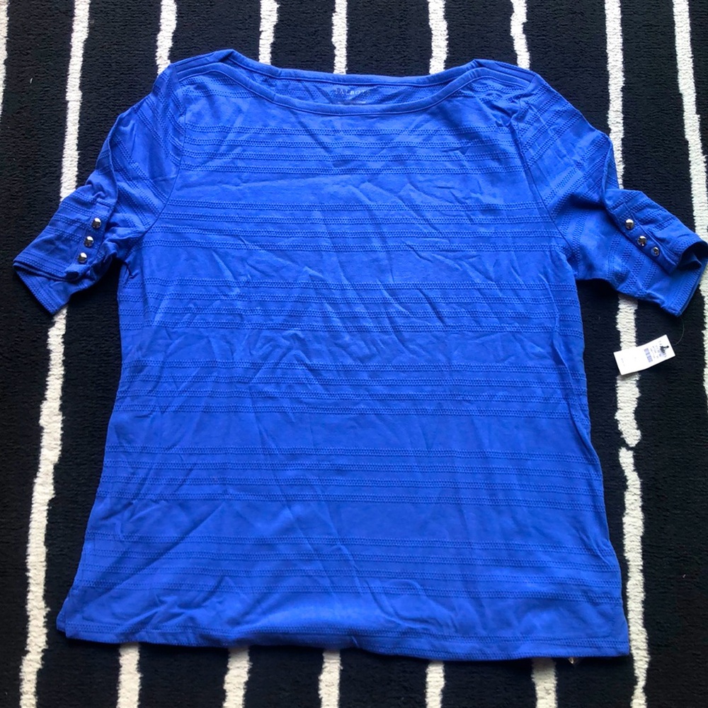 NWT Talbots soft blue textured SS top, XL, with cute silver buttons on sleeves